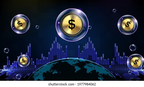 abstract background of futuristic technology bubble glowing Dollar Sign and world map