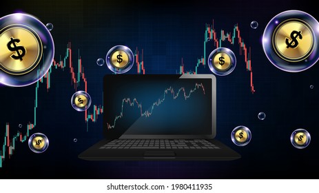 abstract background of futuristic technology bubble glowing Dollar Sign and graph chart on smart notebook computer