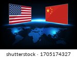 abstract background futuristic technology of china flag and united state of america (USA) flag with world maps