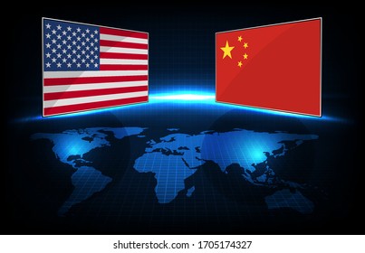 Abstract Background Futuristic Technology Of China Flag And United State Of America (USA) Flag With World Maps