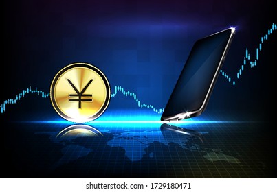 Abstract Background Of Futuristic Technology China Yuan Digital Currency And Smart Mobile Phone With Stock Market Growing Up