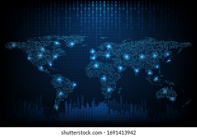 abstract background of futuristic technology digital dots world maps with city background ,hightech screen concept
