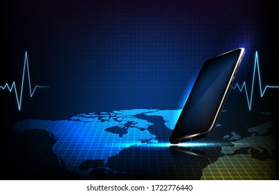 abstract background of futuristic technology digital ECG heartbeat pulse line wave monitor and world maps on smart mobile phone 