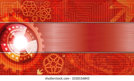 Abstract background of futuristic technology with gears and metallic plate for text in red, orange, yellow, and white shades. Digital technology and engineering concept design