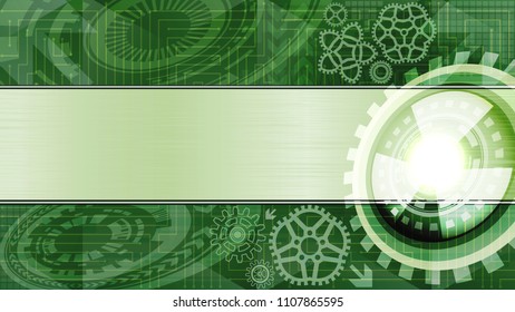 Abstract background of futuristic technology with gears and metallic plate for text in green shades. Digital technology and engineering concept design