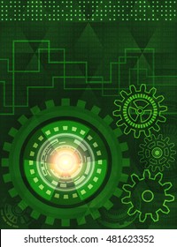 Abstract background of futuristic technology with gears in green shades. Digital technology and engineering concept design