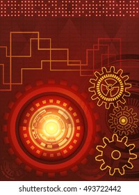Abstract background of futuristic technology with gears in red, orange and yellow shades. Digital technology and engineering concept design