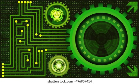 Abstract background of futuristic technology with gears in green shades. Digital technology and engineering concept design