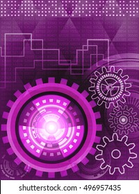 Abstract background of futuristic technology with gears in violet and white shades. Digital technology and engineering concept design