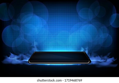 abstract background of futuristic technology glowing smart mobile phone with smoke