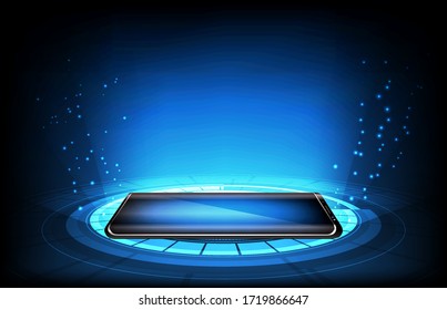 abstract background of futuristic technology. glowing smart mobile phone with halogram vr hud element