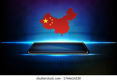 abstract background of futuristic technology. glowing smart mobile phone with red china maps