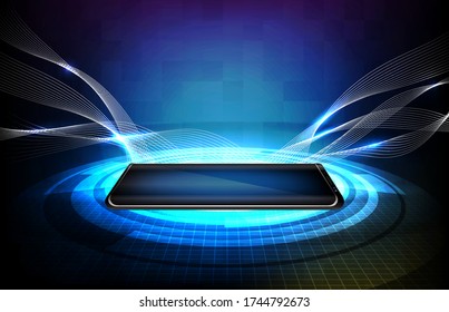 fondo abstracto de tecnología futurista. brillante teléfono móvil inteligente con elemento halograma vr hud