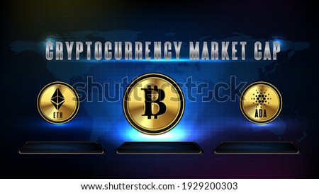 abstract background of futuristic technology glowing smart mobile phone with Cryptocurrency Market Cap text bitcoin, ethereum, Cardano