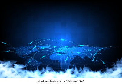 Abstract Background Of Futuristic Technology Screen Scan Flight Radar Airplane Route Path Of Europe Travel Maps