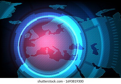 abstract background of futuristic technology screen scan red virus spreading of europe maps