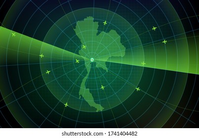 abstract background of futuristic technology screen scan flight radar airplane route path with Thailand maps