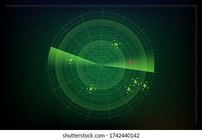 abstract background of futuristic technology screen scan flight radar airplane route path and red plane intruder