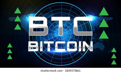fondo abstracto del radar de exploración de pantalla de tecnología futurista con mapas mundiales y texto de signo de bitcoin