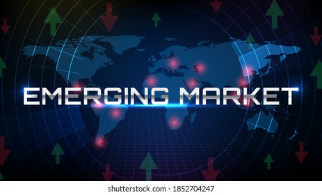 abstract background of futuristic technology screen scan radar with world maps and emerging market text