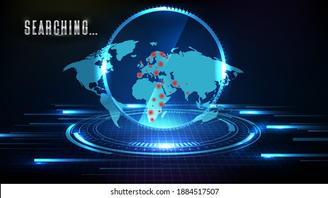 fondo abstracto de la tecnología futurista pantalla barrido radar virus spot rojo con mapas mundiales