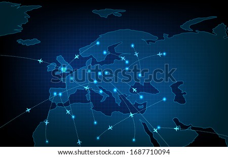 abstract background of futuristic technology screen scan flight radar airplane route path of europe travel maps