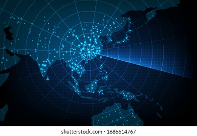 Abstract Background Of Futuristic Technology Start Point Covid-19 In China And Spread Virus Pandemic With Scan Interface Hud Asia Pacific Maps