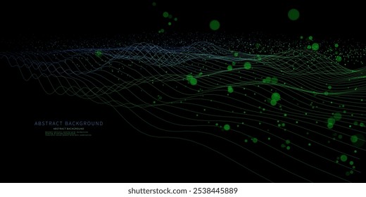 Abstract  background futuristic wave from color lines and flow dots on black. Technology concept analytical  data.  Banner for business, science and technology data analytics. Big Data.