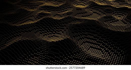 Abstract  background futuristic wave grid from  circles and dots on black. Technology concept analytical  data.  Banner for business, science and technology data analytics. Big Data.