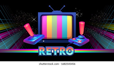 Abstract background, game console and retro television, old tv. Gadgets Joystick Floppy Disk Horizontal Vector Illustration