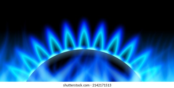 Abstract background with gas flame, burner. Dark blue banner. Neon illustration.  Gas embargo, crisis and sanctions, political games. Vector illustration.