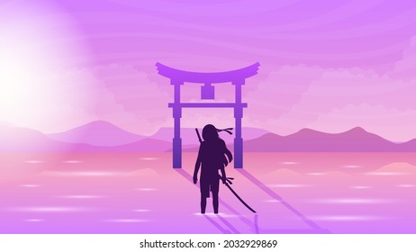 Abstract Background Gate Ninja Warrior Sun Mountaions Person Silhouette Water Clouds Stars Sky People Night Vector Design Style
