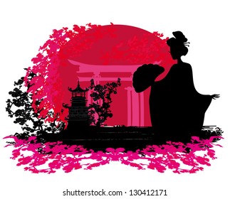 abstract background- Geisha silhouette at sunset