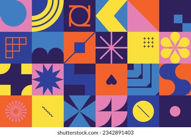 Abstract background with geometric and colorful shapes. Trendy geometric pattern. Flat vector illustration with modern elements for cover, poster, card, print, banner, packaging or branding.