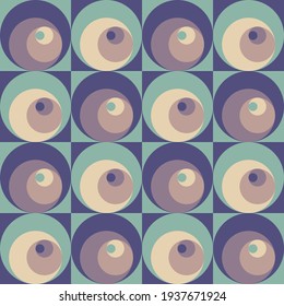 Diseño de concepto geométrico de fondo abstracto. Afiche gráfico de patrones impecable. Formas de círculo. Estilo retro de diseño vintage. Colores azul pastel y lila. Ilustración vectorial. 