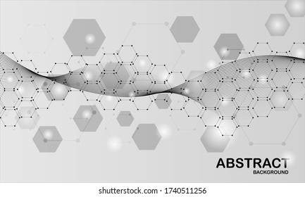 abstract background - geometric connected lines and dots. curve in the middle of the image. Black and white background color graphics .Vector illustration