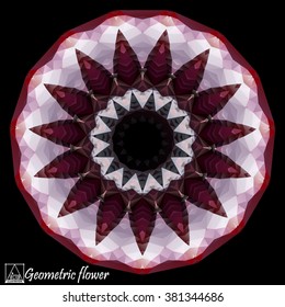 Abstract background with geometric flower . Polygon flower . Mandala . Kaleidoscope .A mosaic pattern isolated on dark background . To print on silk or paper .