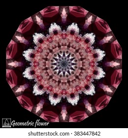 Abstract background with geometric flower . Polygon . Mandala . Kaleidoscope .A mosaic pattern isolated on dark background . To print on silk or paper .