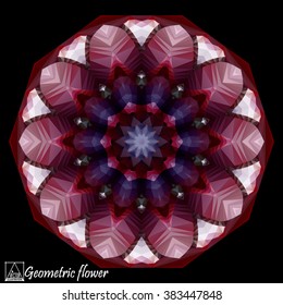 Abstract background with geometric flower . Polygon flower . Mandala . Kaleidoscope .A mosaic pattern isolated on dark background . To print on silk or paper .