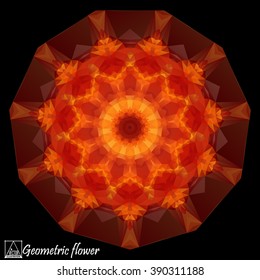Abstract background with geometric flower . Polygon flower . Mandala . Kaleidoscope .A mosaic pattern isolated on dark background . To print on silk or paper .