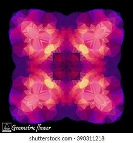Abstract background with geometric flower . Polygon flower . Mandala . Kaleidoscope .A mosaic pattern isolated on dark background . To print on silk or paper .