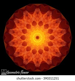 Abstract background with geometric flower . Polygon flower . Mandala . Kaleidoscope .A mosaic pattern isolated on dark background . To print on silk or paper .