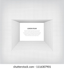 Abstract background with geometric grid. Optical illusion of the corridor from lines and forms.
