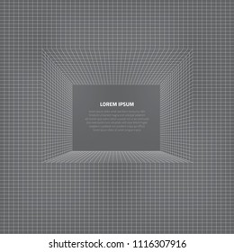 Abstract background with geometric grid. Optical illusion of the corridor from lines and forms.