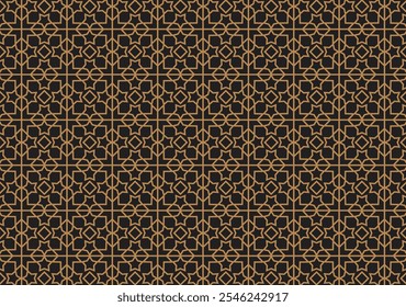 Abstract background with a geometric Islamic pattern of gold lines on a black color scheme.