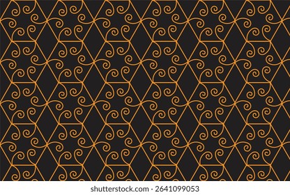 Abstract background with geometric Islamic patterns in gold lines on a sleek black color.