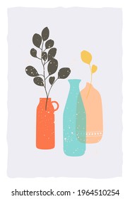 Abstract Background with geometric and leaves shapes, hand drawn ceramic print. Contemporary modern poster with silhouettes of leaves and pottery. Trendy Vector Poster. Spots, curves, lines. 
