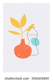Abstract Background with geometric and leaves shapes, hand drawn ceramic print. Contemporary modern poster with silhouettes of leaves and pottery. Trendy Vector Poster. Spots, curves, lines. 