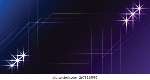 Abstract background with geometric lines, glowing stars, and a gradient from blue to purple.