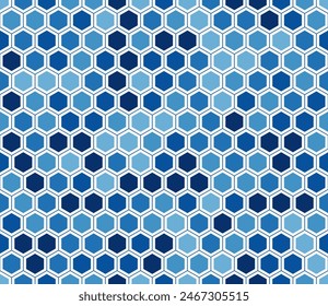 Abstract background with geometric mosaic shapes. Simple hexagon grid with inner solid cells. Blue color tones. Hexagon cells. Seamless pattern. Tileable vector illustration.